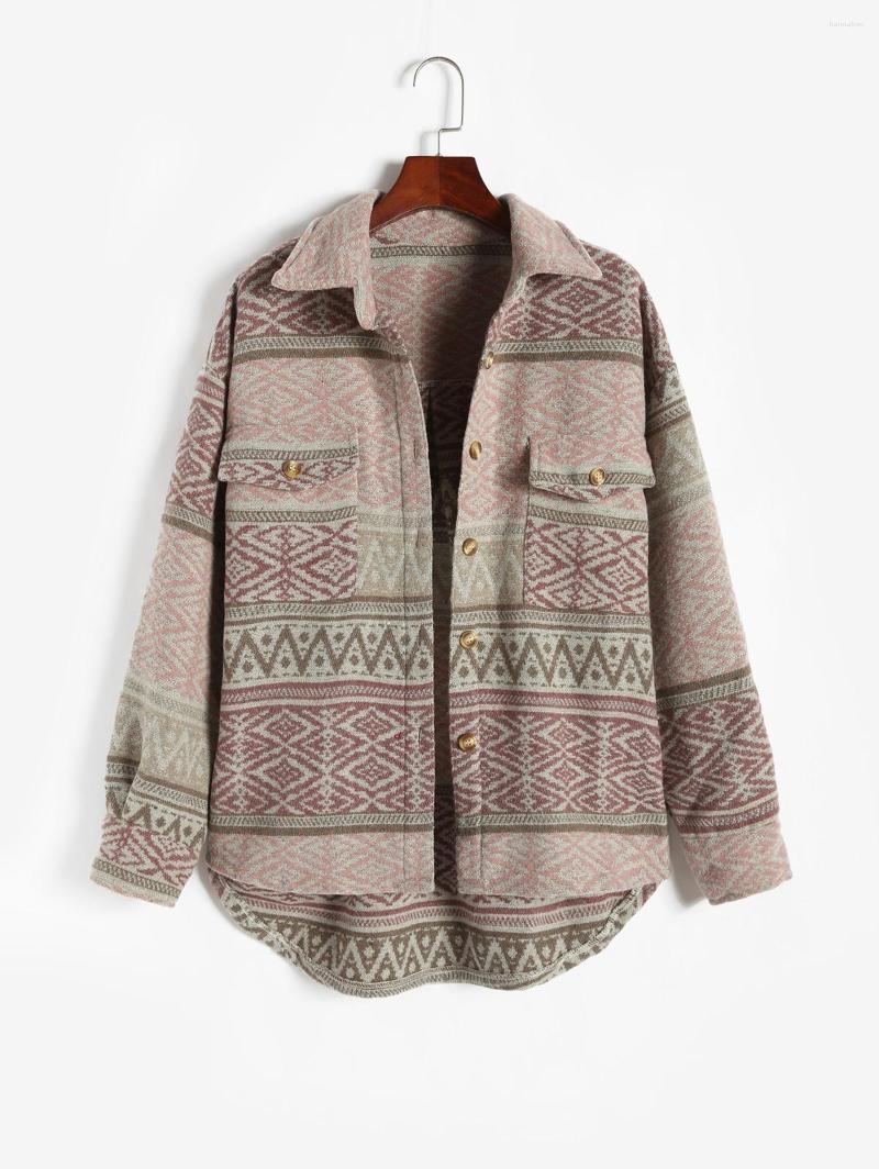 

Women' Jackets ZAFUL Ethnic Aztec Printed Pockets Cargo Jacket Women Loose Button Up Long Sleeve Shacket Spring Autumn Thin Outwear Fashion, Army green