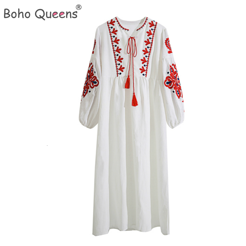 

Casual Dresses Boho Queens Women Floral Emberoidery Beach Bohemian Maxi Ladies O-neck Lantern Sleeve Summer Dress Vestidos 230217, Navy