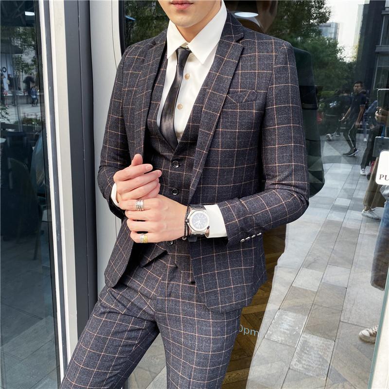 

Men's Suits & Blazers Business Plaid Suit Autumn Korean Version Slim And Handsome Wedding Groomsmen Three-piece SuitMen's, Black and grey