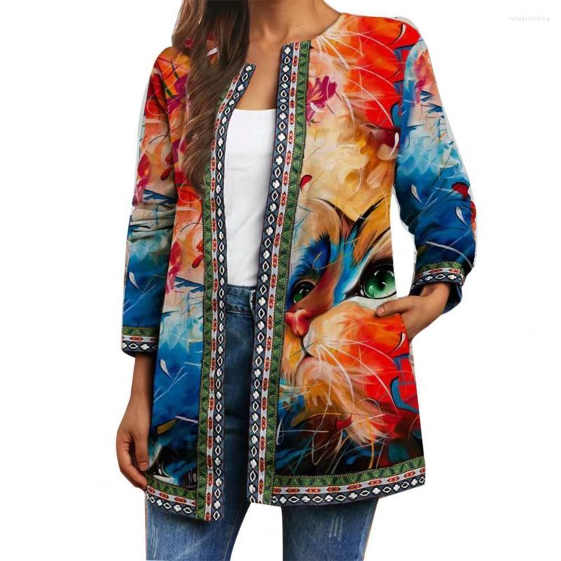

Women's Knits Vintage Women Jacket 3D Digital Ethnic Floral Print Pockets Round Neck Autumn Winter Loose Retro Ladies Open Stitch Coat, Multicolor