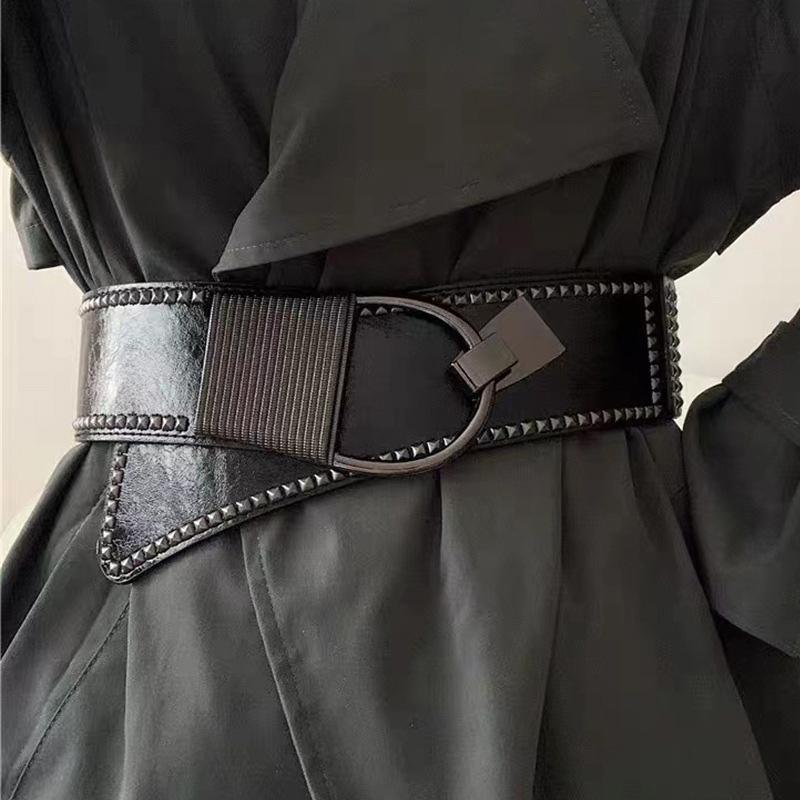 

Belts Leather Waist Belt Women Punk Style Rivet Wide Skirt Waistbands Black Stretch Cummerbund Girdle Ladies Dress DecorativeBelts