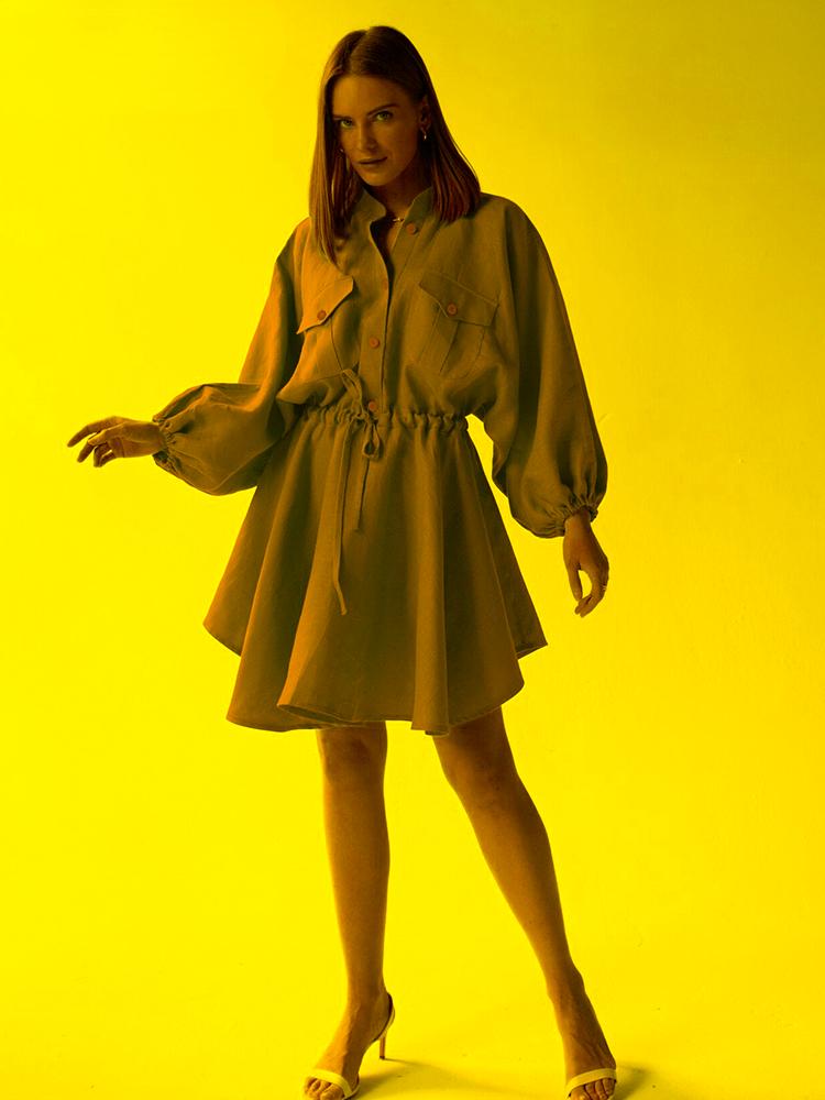 

Casual Dresses Cotton Linen Shirt Dress Spring Stand Collar Lantern Sleeve Women A-Line Drawstring Waist Loose DressCasual DressesCasual, Green