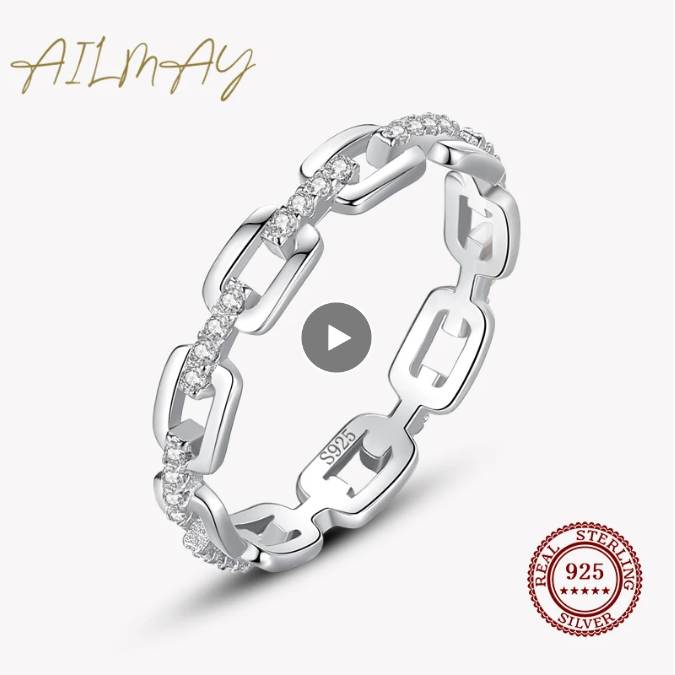 

100% 925 Sterling Silver Rings Simple Cadena Hueca Stackable Charm Finger Ring For Women Girls Party Accessories Jewelry