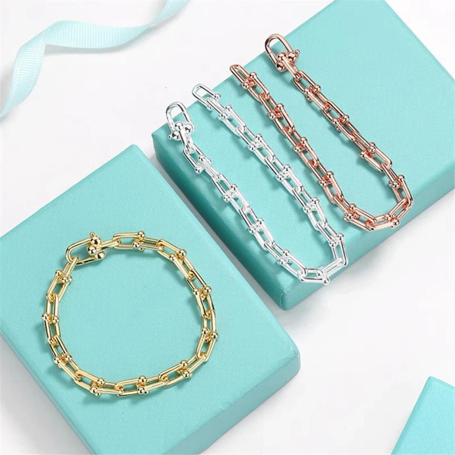 

Sterling silver U-shaped bamboo link interlocking women's simple chain bracelet