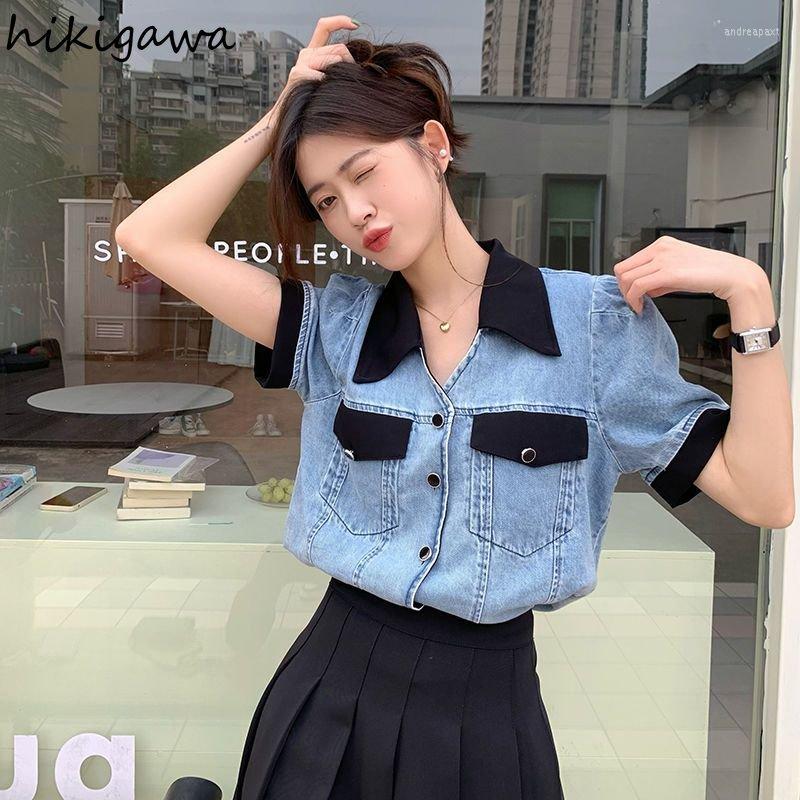 

Women' Blouses Fashion For Women Sweet Denim Short Sleeved Shirt 2023 Blusas Mujer De Moda Vintage Casual Loose Korean Blouse Y2k Tops, Blue