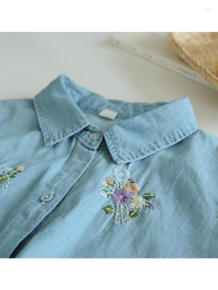 

Women's Blouses Lamtrip Soft Denim Shirt Bunches Of Flowers Embroidery Romantic Blouse Mori Girl 2023 Winter, Blue