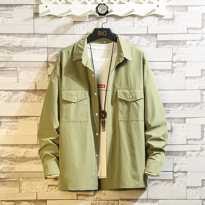 

Men's Dress Shirts Drop 2023 Autumn Winter Men Multi Pocket Solid Color Workwear Button Up Long Sleeve Cotton Coat, Yellow