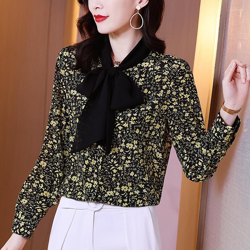 

Women's Blouses Elegant Fashion Women's Shirt Spring Autumn Bow Long Sleeve Shirts Loose Tops Real Silk Office Lady Floral Blouse, Picture color