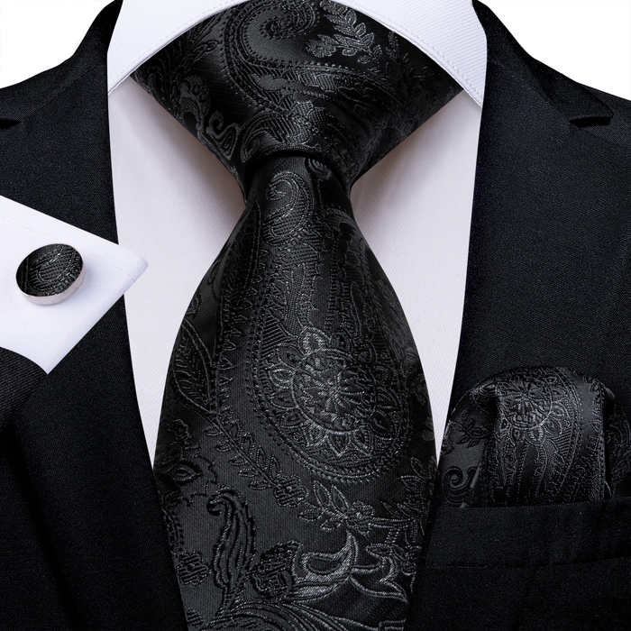 

Bolo Ties 2023 Luxury Black Paisley Striped Men's 8cm Silk Set Handkerchief Cufflinks Wedding Business Suit Accessories DiBanGu 230217
