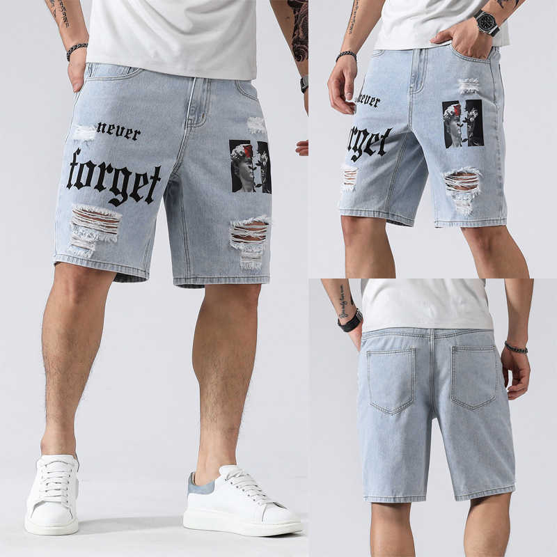 

Men's Shorts Men Ripped Jeans With Pockets Light Blue Letters And Portrait Print Straight Fit Denim Shorts Fashion For Summer SXL J230218