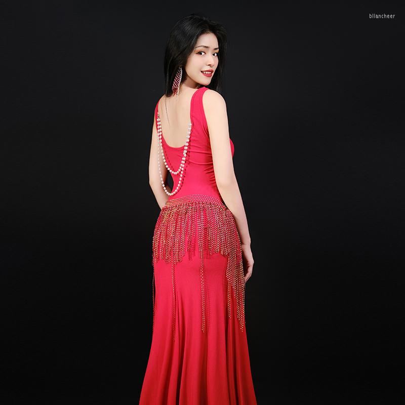 

Stage Wear Oriental Belly Dance Dress Training Clothes 2023 Modal Pearl Necklace Slim And Long In Autumn Winter, Red