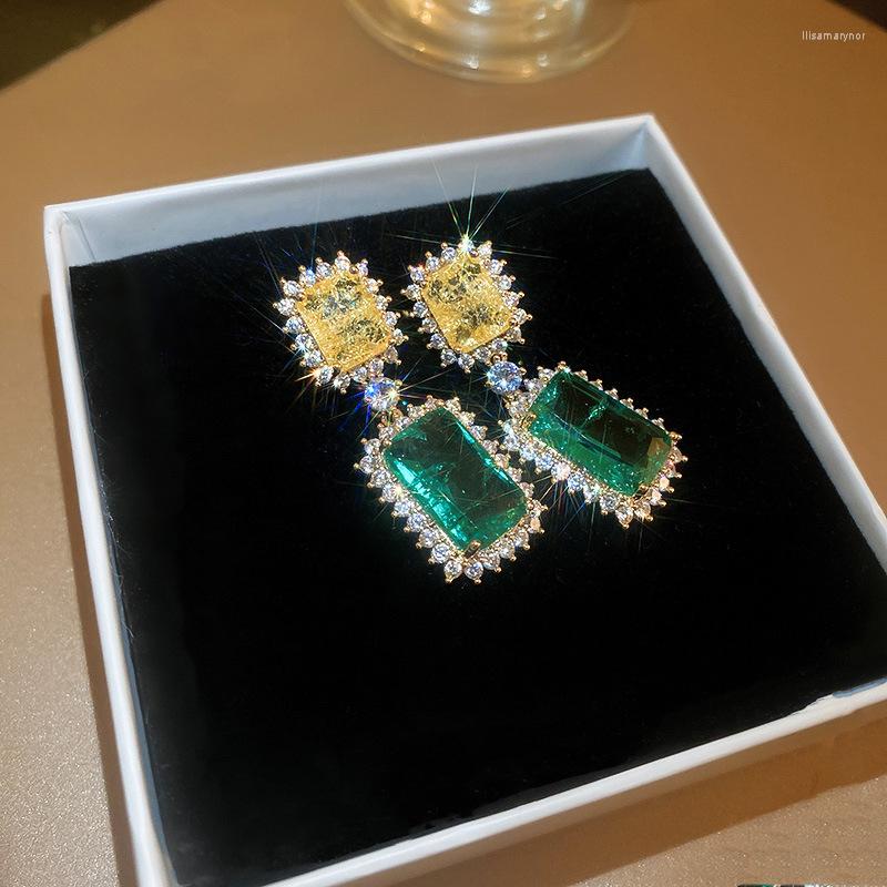 

Dangle Earrings Luxury Green Crystal Stud Classic Yellow Zircon Square Stone Vintage Gold Color For Women