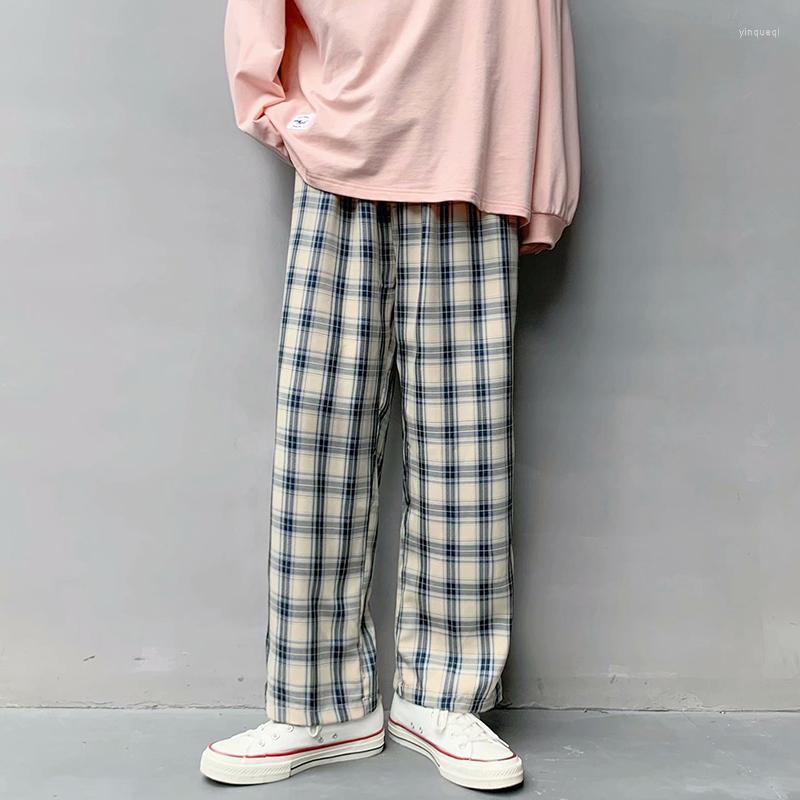 

Men's Pants Unisex Checked Trousers Fashion Versatile Lattice Pocket Pull Rope Loose Wide Leg Casual Straight Female Male, Black