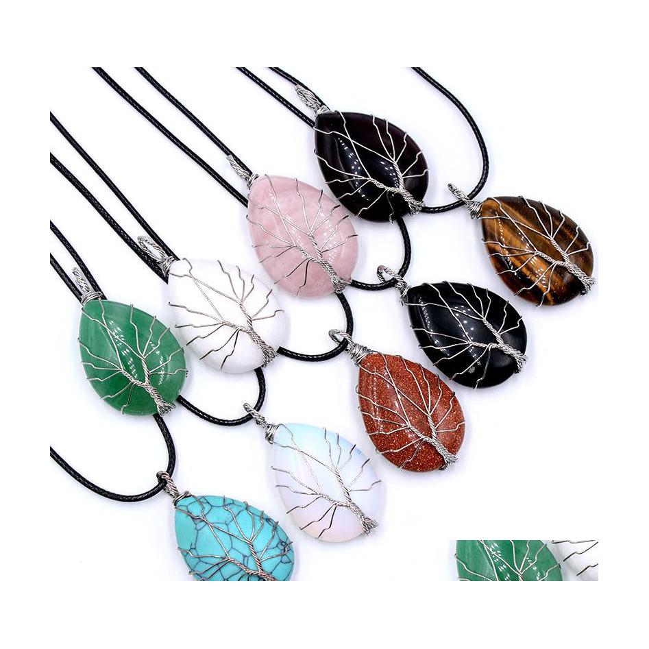 

Pendant Necklaces Healing Crystal Natural Stone Charms Twine Tree Of Life Wire Wrap Turquoise Tiger Eye Lrose Quartz Rope Chain Cars Dhey4