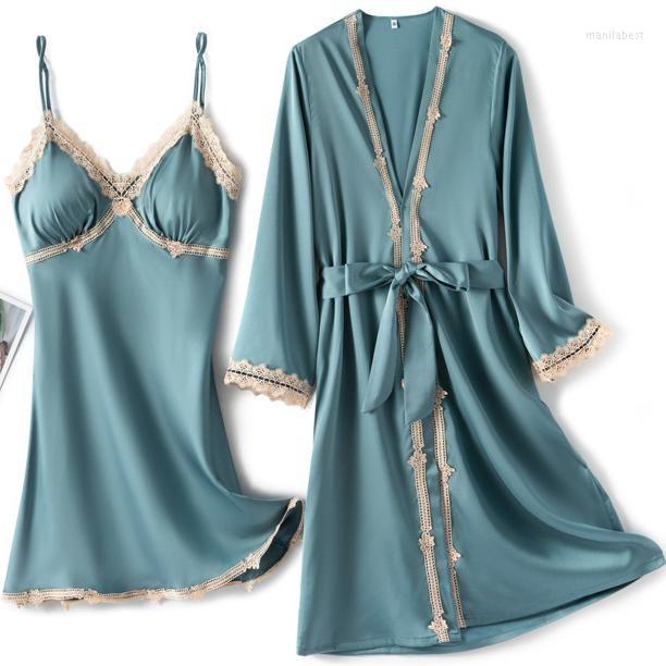 

Women's Sleepwear Wedding Twinset Robe Set Women Satin Lace Trim Kimono Bath Gown Bride Bridesmaid Loungewear Sexy Chemise Nightwear Summer, Pink 2pcs set b