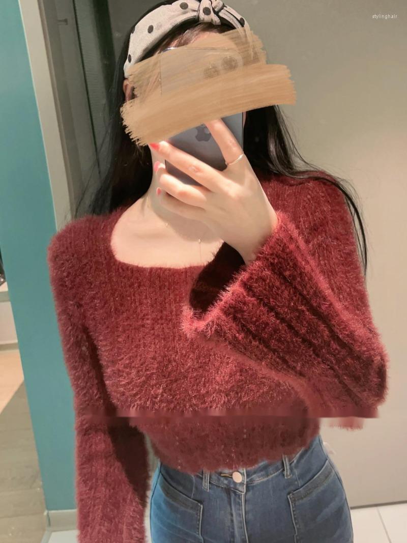 

Women's Sweaters WOMENGAGA Hairy Square Neck Mink Hair Short Sweater Knitting Bottom Girl Pullovers Sweet Women Spring Fashion HIM6, Blue