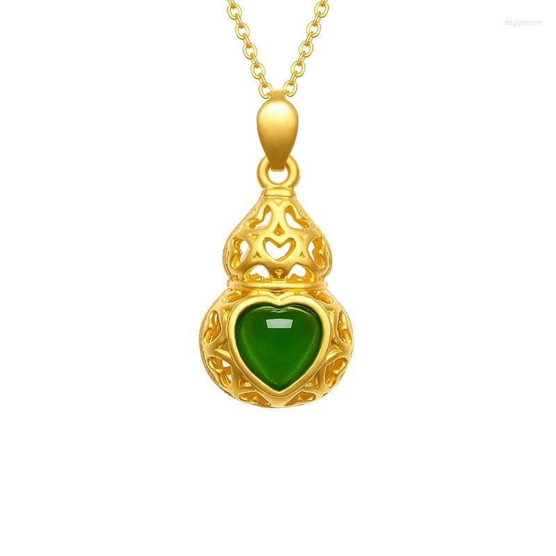 

Pendant Necklaces 925 Silver-plated Ancient Gold Inlaid Green Chalcedony Agate Gourd Jade Necklace Clavicle Chain