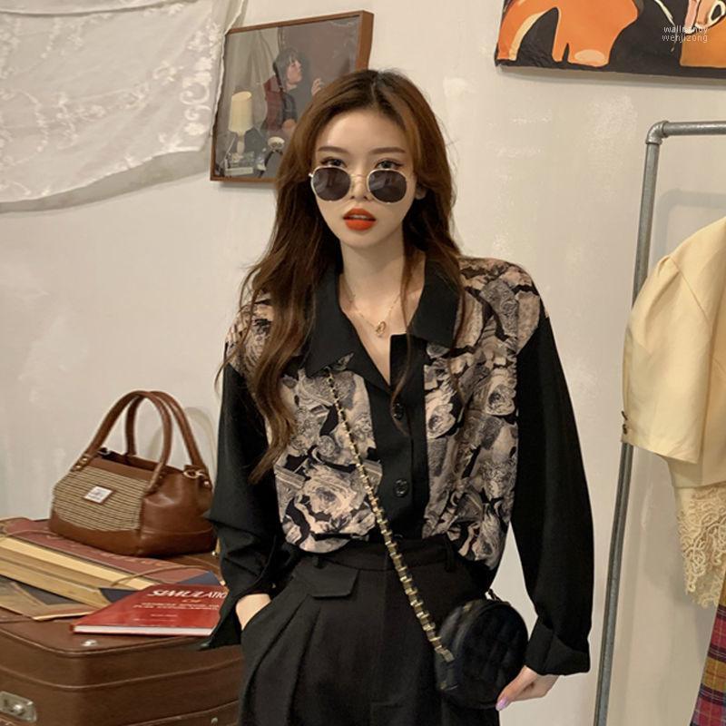 

Women's Blouses & Shirts Blouse Women Autumn Top 2023 Retro Print Stitching Long Sleeve Shirt Blusas Ropa De Mujer Wall22, Black
