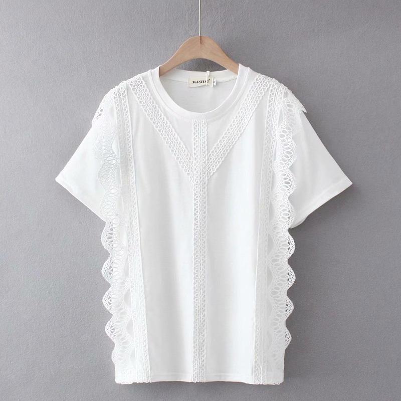 

Women's T Shirts Plus Size -4XL White Black Summer Tshirts Crochet&Lace Elegant Tops Oversized Slim ShirtsWomen's