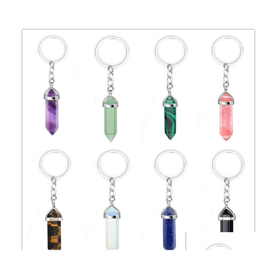 

Key Rings Natural Stone Hexagonal Prism Keychains Healing Pink Crystal Car Decor Bag Chain Keyholder For Women Men Jewelry Drop Deliv Dh2Tz
