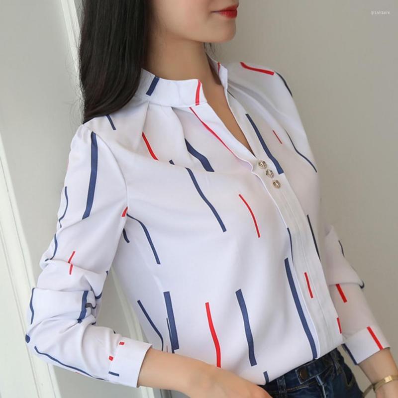

Women's Blouses Women Tops And V-Neck Long Sleeve Buttons Decor Pullover Shirt Fashion Irregular Geometry Print Blouse Female, White