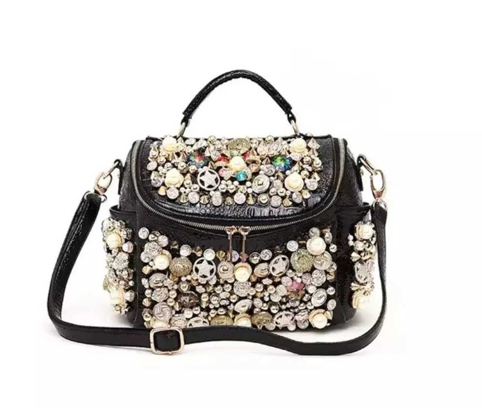 

Bag women's hand rhinestone luxury rivet ladies shoulder large capacity Messenger bag one-shoulder simple messenger handbag purse, Black