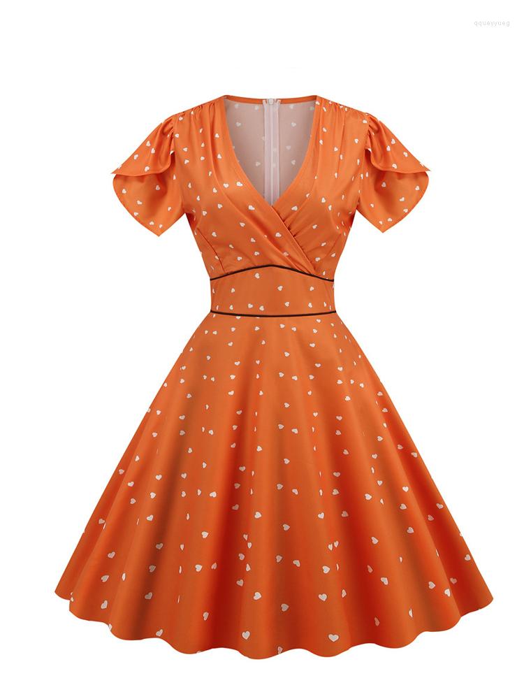

Party Dresses -3XL Orange Summer For Women 2023 V Neck Big Swing Vintage Robe Femme Elegant Retro 50s Pinup Office Midi Dress, Petticoat red