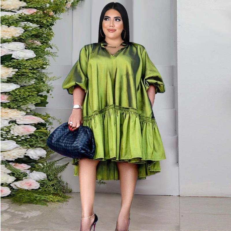 

Plus Size Dresses Dress Women Summer Green Puff Sleeve Loose Short Mini Robe Femme Vestiods Curve 4xl Plunking Neck Pullover DressesPlus Eda