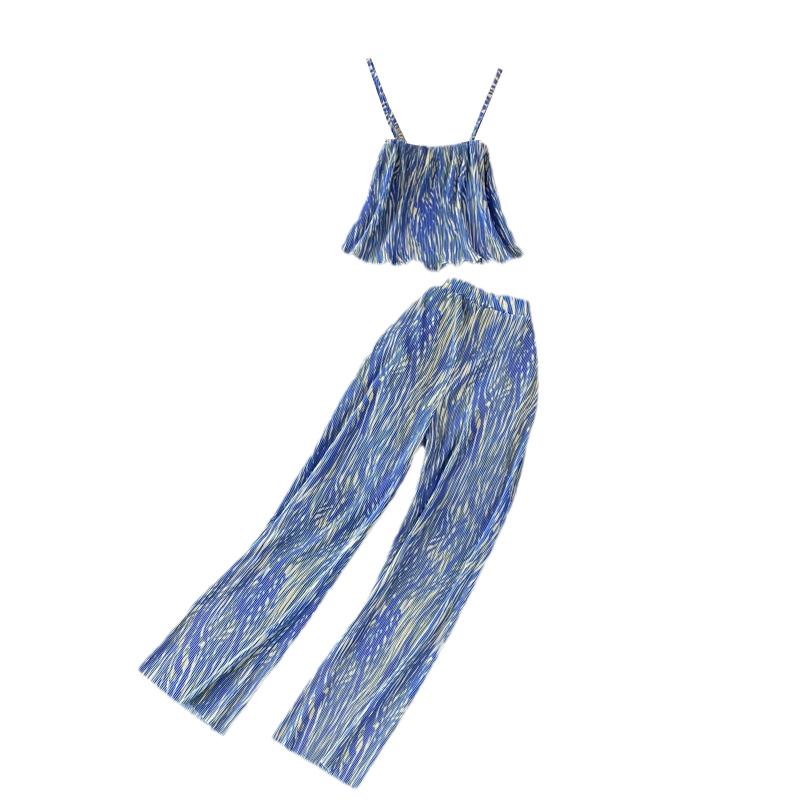 

Women's Tracksuits Summer 2 Piece Sets Beach Vacation Women Fashion Print Sexy Crop Top High Waist Pleated Wide Leg Long Pants Two Set, Picture color
