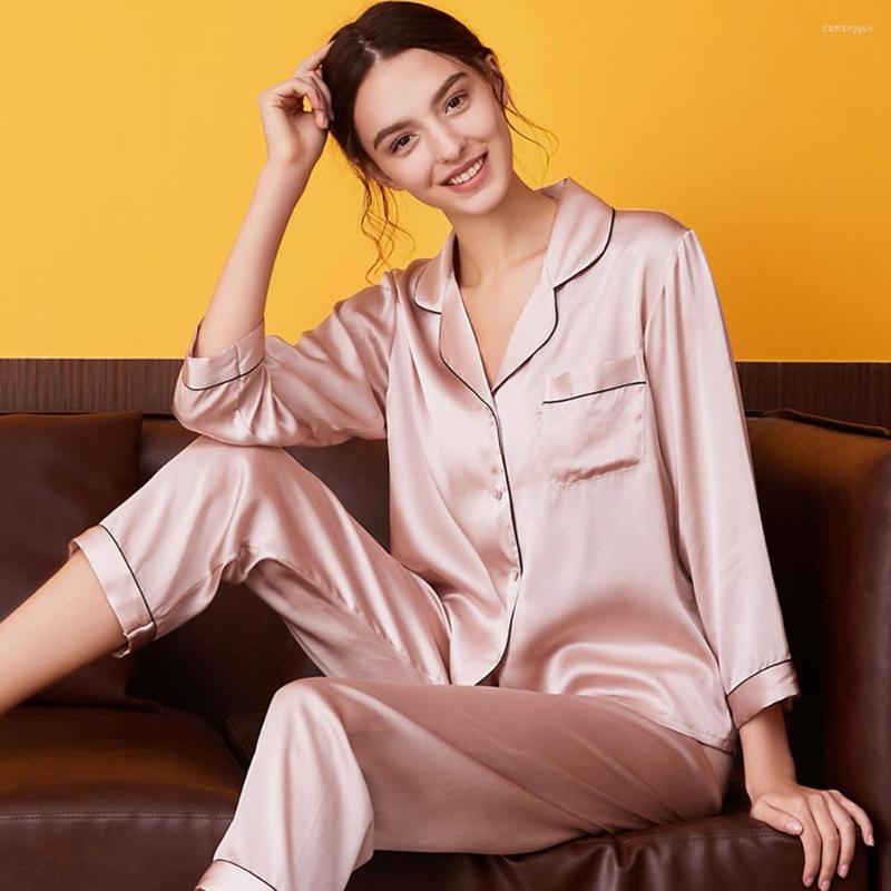 

Women's Sleepwear Mulberry Silk Women 2pcs Pajamas Suit Home Clothes Long-sleeved Sets For Girls, White