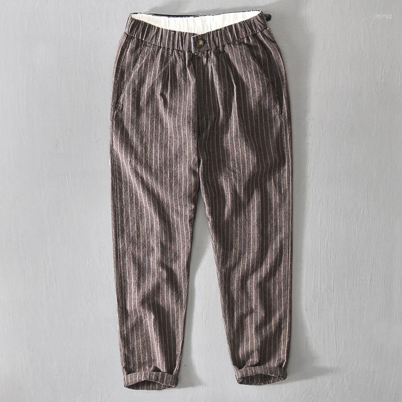 

Men's Pants Summer Men Striped Fashion Casual Simple Thin Sport Running Yarn-Dyed Mid-Rise Zipper Male Ankle-Length Trousers, A131 dark blue