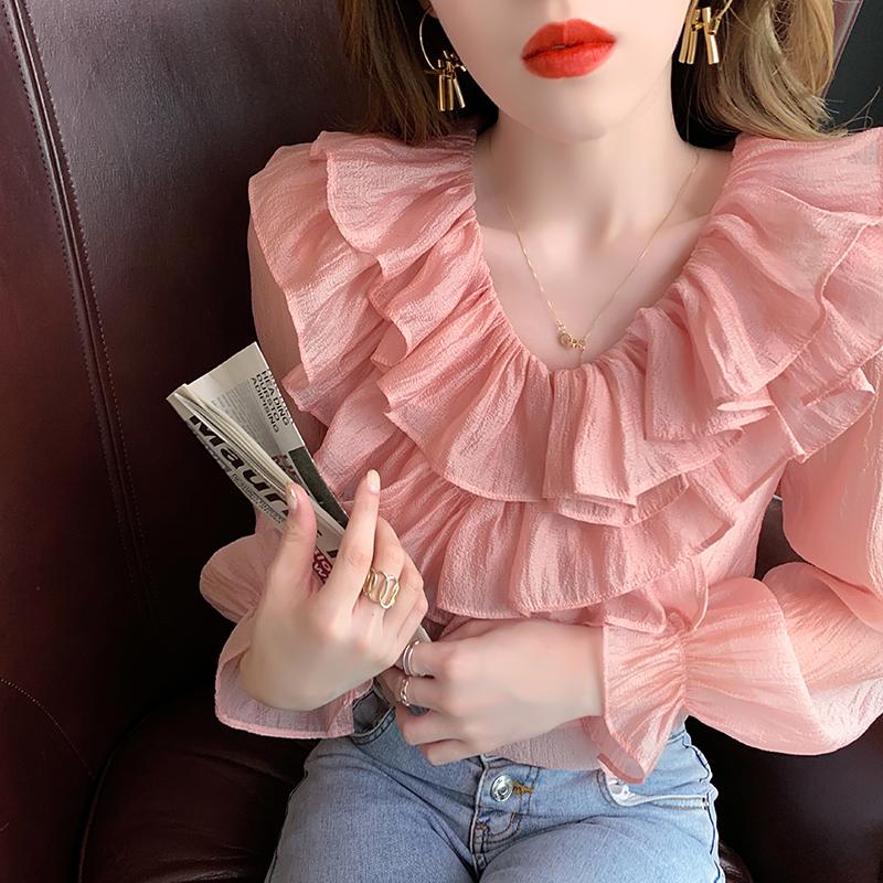 

Women' Jackets Autumn Temperament V-neck Splicing Of Lotus Leaf Edge Horn Sleeve Fit Show Thin Woman Pure Color Contracted ShirtWomen, Pink