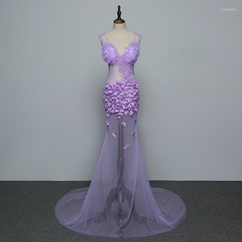 

Stage Wear Purple Flowers Mesh Sleeveless See Through Long Dress Women's Birthday Bar Prom Clothes Nightclub Women Singer Dance Show