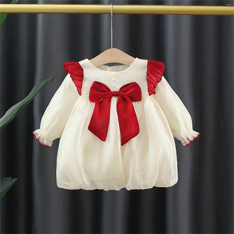 

Girl Dresses Infant Toddler Kids Born Baby Girls Patchwork Long Ruffled Sleeve Bowknot Tulle Dress Princess Clothes Fall, Red