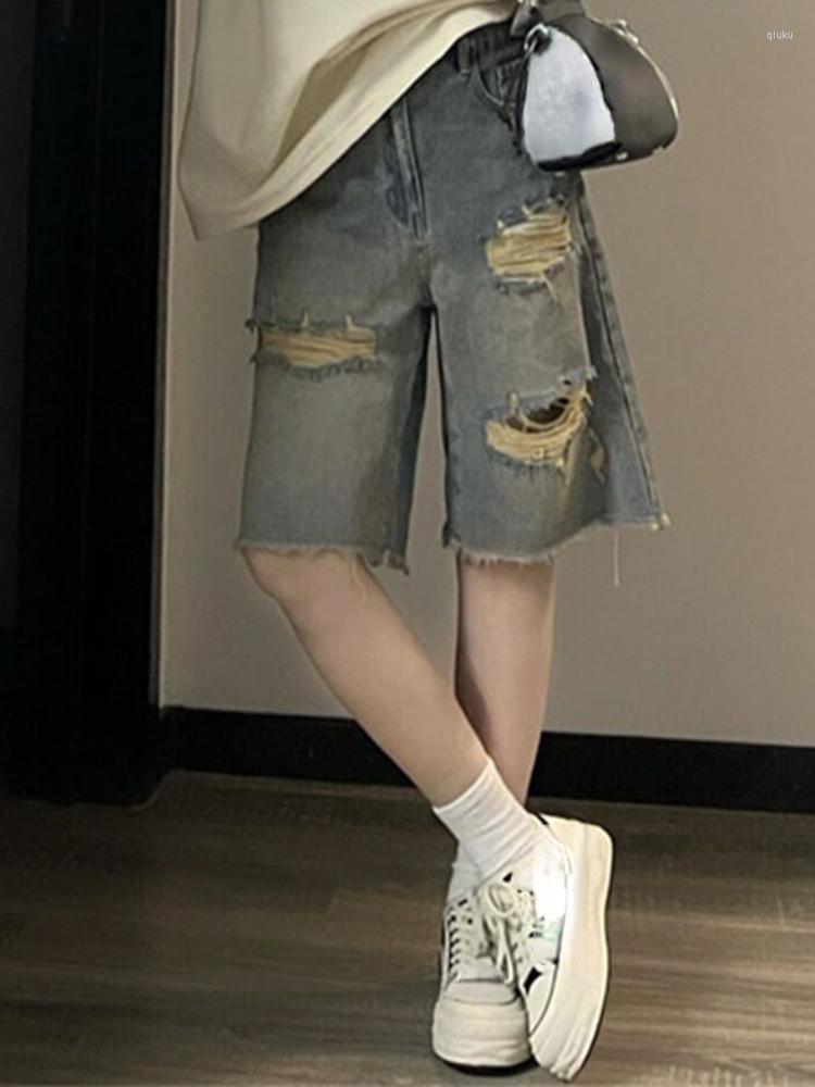 

Women' Pants Korean Fashion Straight Denim Shorts High Street Hole Casual Design Short Women Waist Baggy Jeans Autumn 2023, Blue