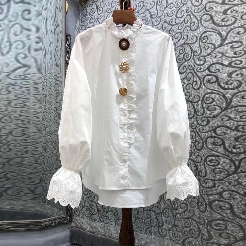 

Women' Blouses Lace Patchwork Women White Shirts Summer Design 2023 Flare Sleeved Beaded Elegant Office Lady Outwear Coats Top Quality