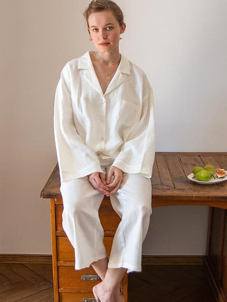 

Women' Two Piece Pants Autumn Cotton Linen Pajamas Casual Loose Long Sleeve Shirts Pyjamas 2 Set Female White Simple Lady Homew, A pink