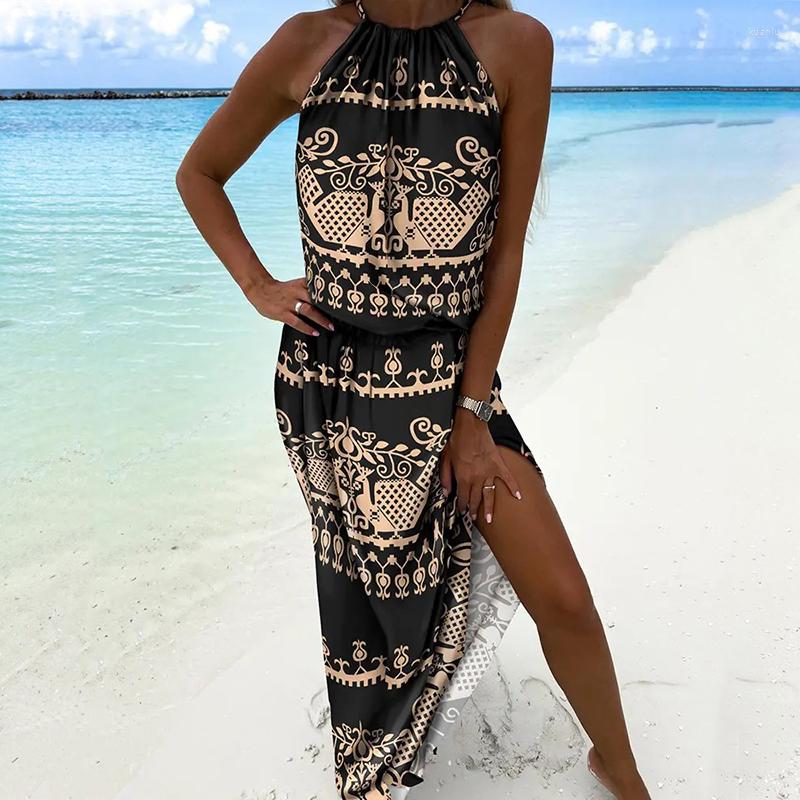 

Casual Dresses Vintage Beach Pattern Printed Waist Dress Summer Seaside Holiday Halter Slit Women Sexy Sleeveless Folds Boho Maxi, 04 red