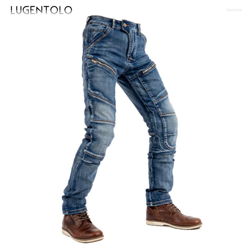 

Men' Jeans Lugentolo Moto Men Zipper Fashion Splicing Four Seasons Skinny Mid Waist Casual Trousers Mens Straight Long, Blue