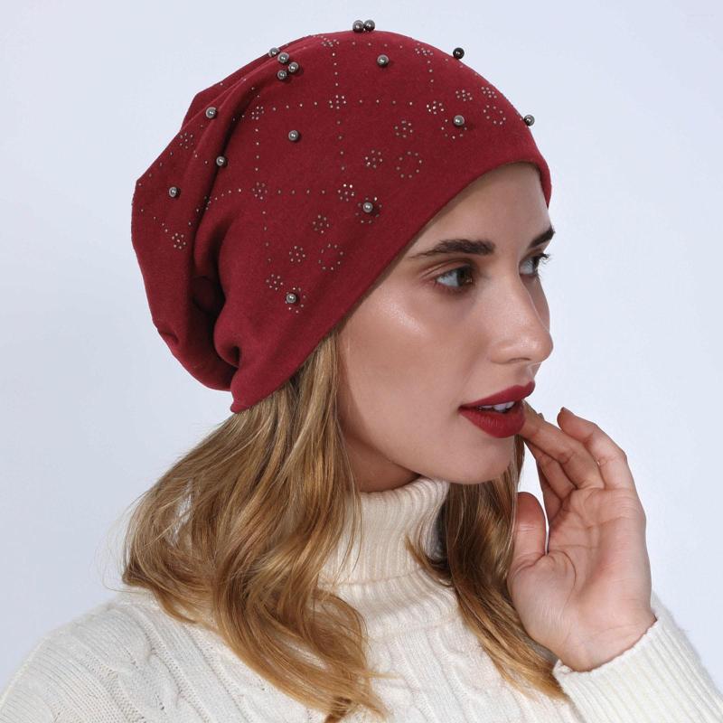 

Berets Double Layer Cotton Drilled Beaded Pullover Hat Womens Winter Warm Knitted Wool Fleece Ear Flap Windproof Men, Black