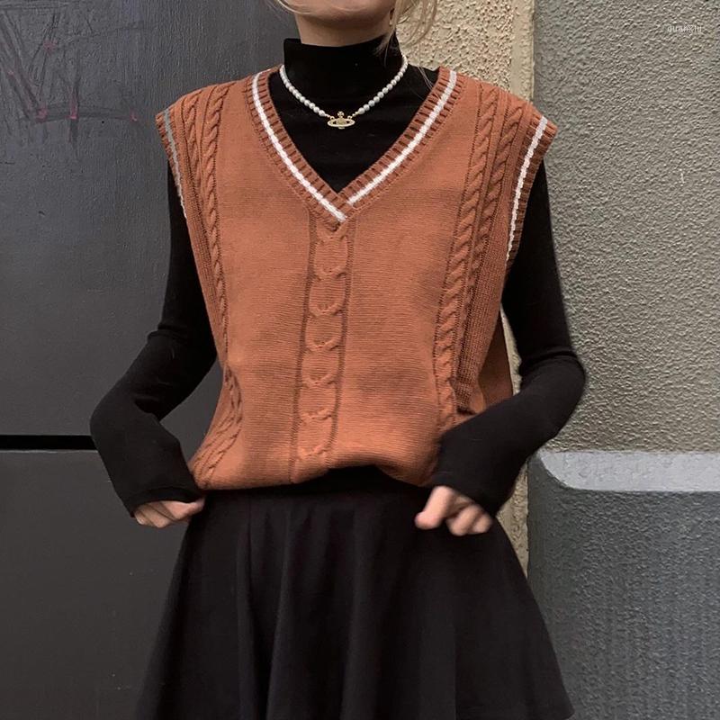 

Women' Tanks OM Fashion Hall American College Style Brown Wild Woolen Vest Hit Color Chain Link Flower V-neck Loose Outer Wear Women, Auburn