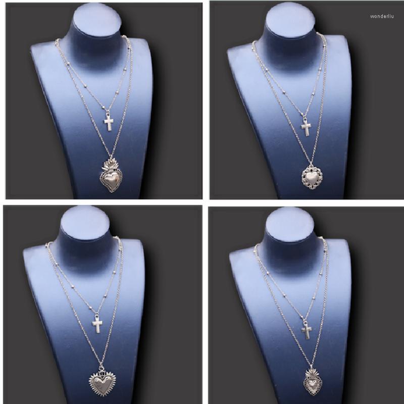 

Pendant Necklaces 1pc Catholic Sacred Heart Cross Amulet Rosary Double Necklace DIY Charms Jewelry Crafts Findings Religious Medal Gift For