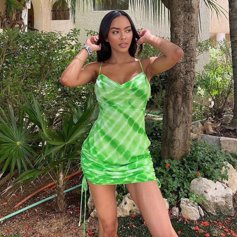 

Casual Dresses Tie Dye Women Mini Dress Drawstring Ruched Bandage Lace Up Strap Bodycon Sexy Party 2023 Summer Low Cut Club, Picture shown