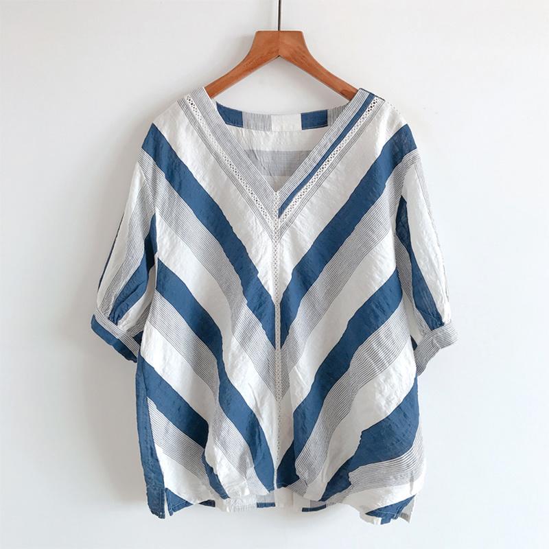 

Women's Blouses & Shirts Cotton Linen Women Blouse Summer Vintage 2023 V-Neck Striped Half Sleeved Loose Oversized Female Pulls Outwear Tops, Blue