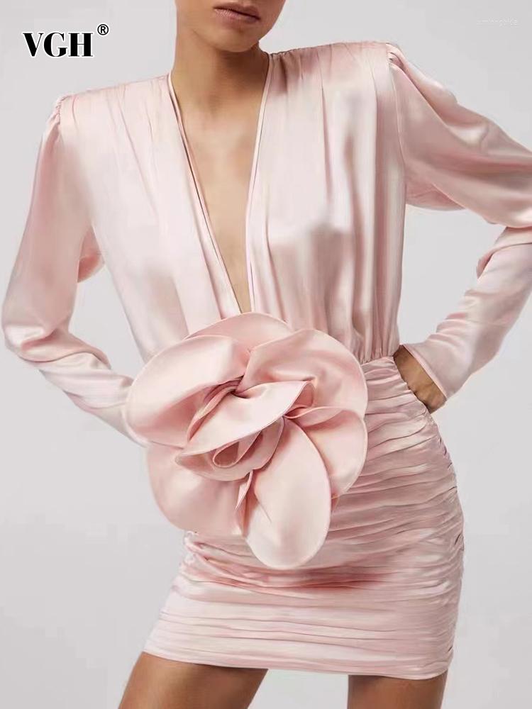 

Casual Dresses VGH High Street Solid Patchwork Flower Mini Dress For Women Deep V Neck Long Sleeve Ruched Folds Slim Bodycon Female, Pink