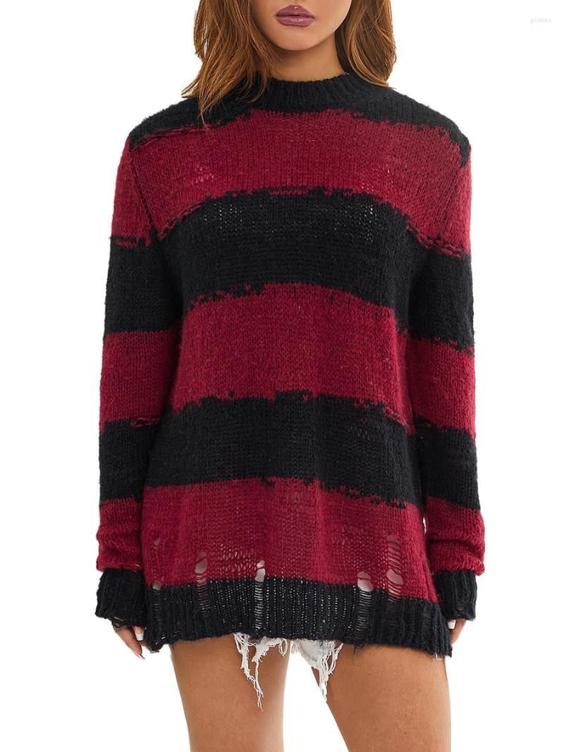 

Women's Sweaters Women S Loose Fit Knitted Sweatshirt Long Sleeves Round Neck Striped Print Pullover Party Street Tops, A-red