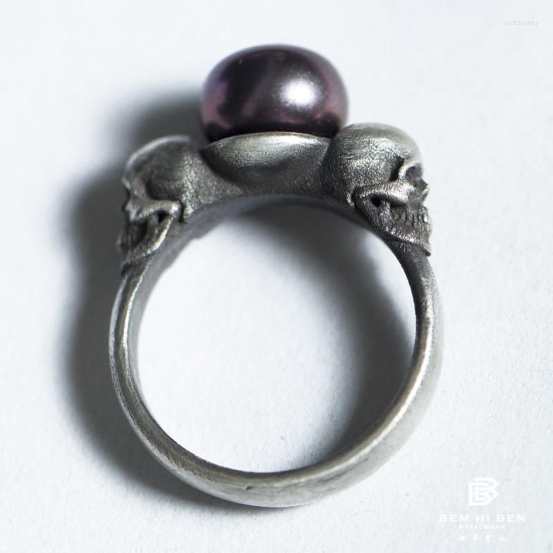 

Cluster Rings BEM HI BEN Men's Women's Pearl Skull Ring925 Sterling Silver Original Design Hand Made Dark Punk Biker Customized