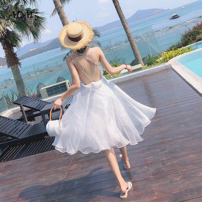 

Casual Dresses Summer Dress Vintage Beach Style Women V Neck Cross Bandage Backless Vestidos Ruffles Big Swing Sleeveless Long DressCasual, Black