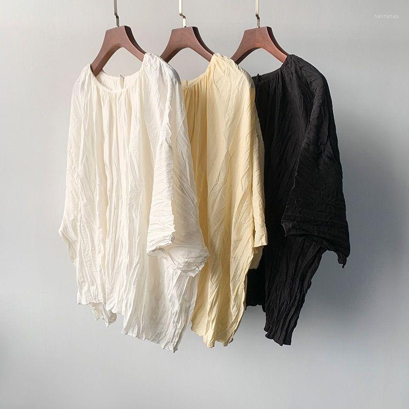 

Women's Blouses Silk Woman White Black Crinkled Tops Blouse Round Neck Folds Detail Drop Shoulder Oversized Top, Champagne
