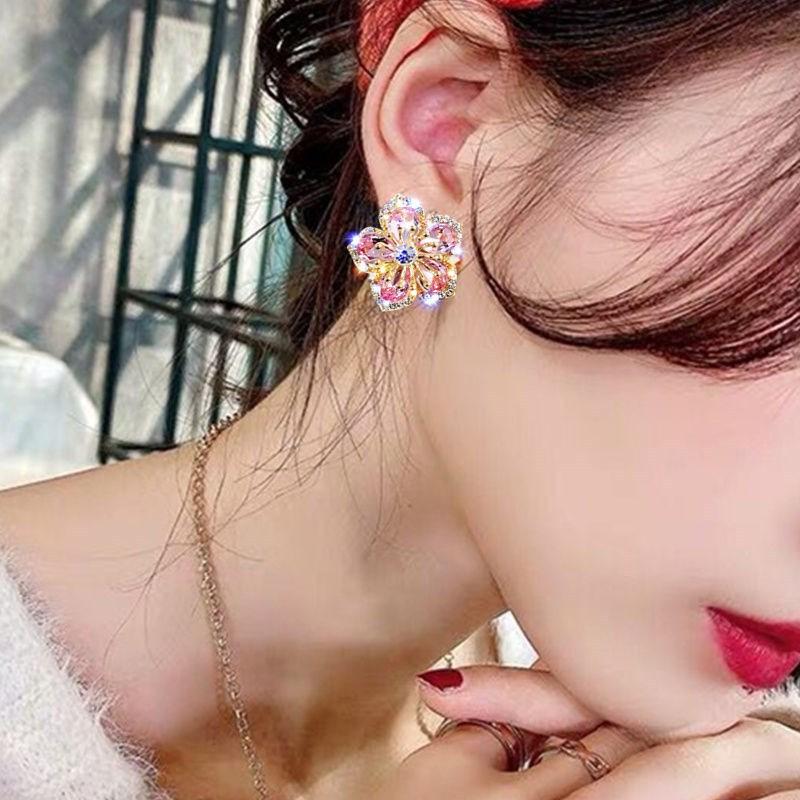 

Stud Earrings Korean Version Of Luxury Crystal Peach Blossom Women's Small Flower 2023 Tide Sweet Silver Needle EarringsStud